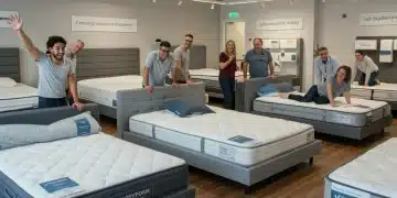 Diverse U.S. sleepers testing various mattress types and firmness levels in a 2026 showroom.
