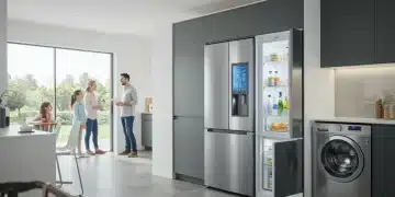 Modern kitchen with stainless steel smart refrigerator and washing machine