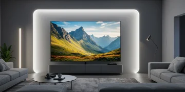 Futuristic living room with 2026 Ultra HD TV displaying vibrant 8K content