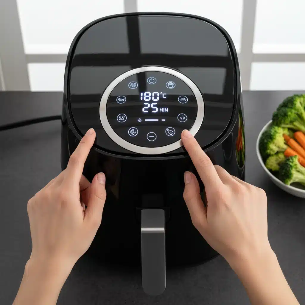 Hands adjusting the digital control panel of a modern air fryer, setting temperature and time.