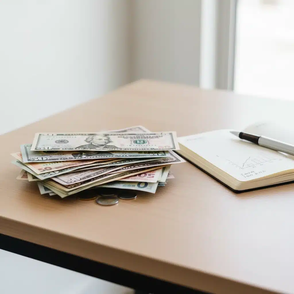 Stack of currency on a desk next to a notebook, symbolizing successful budgeting and savings.
