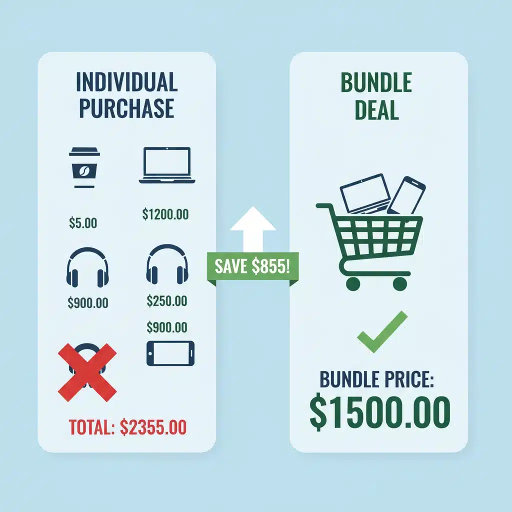 Infographic comparing individual tech product prices versus discounted bundle deal prices, illustrating significant savings.