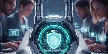 Digital padlock representing data security with online shoppers in background.