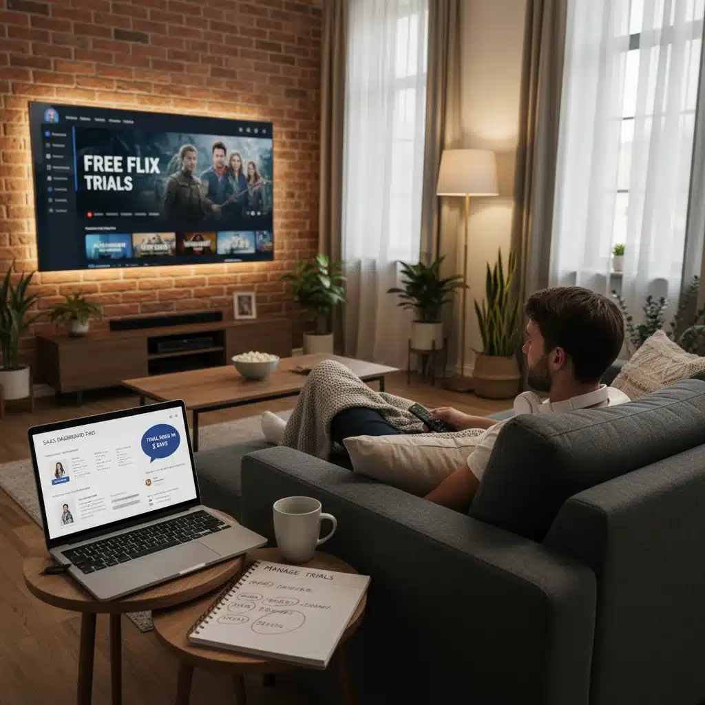 Person enjoying free streaming and software on TV and laptop, illustrating subscription benefits.