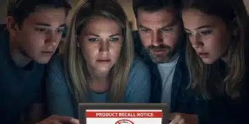 Family reviewing product recall notice on tablet, emphasizing consumer safety awareness.