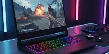 Futuristic gaming laptop with RGB lighting displaying a high-action game