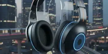 Futuristic noise-canceling headphones with glowing accents on a stand, urban background