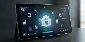 Futuristic smart home security control panel with holographic house map and active sensors for 2026 home protection.