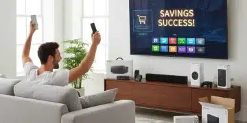 Happy shopper with new electronics, symbolizing savings.