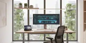 Modern ergonomic home office setup 2026 with standing desk and smart tech