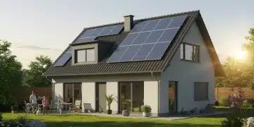 Modern home with solar panels on roof, family in yard, sunny day