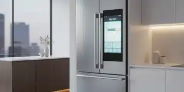 Modern smart refrigerator with touchscreen in a contemporary kitchen
