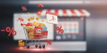 Shopping cart filled with discounted items, glowing with savings, representing online retail discounts in 2025.