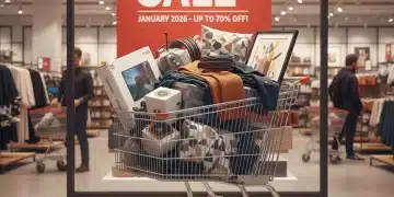 Shopping cart filled with discounted items during a post-holiday clearance sale in January.