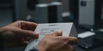 Person reading electronics warranty details on product packaging