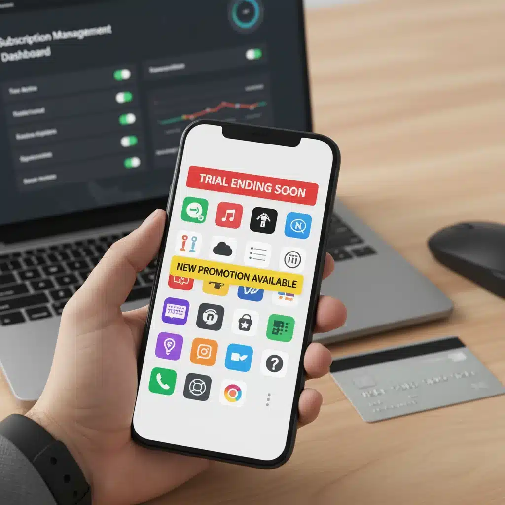 Smartphone with subscription management apps and credit card, representing smart trial management.