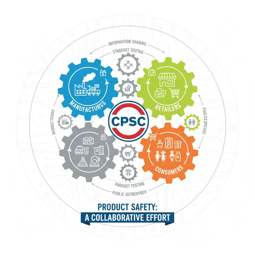 Infographic showing manufacturers, retailers, and consumers collaborating for product safety with CPSC.